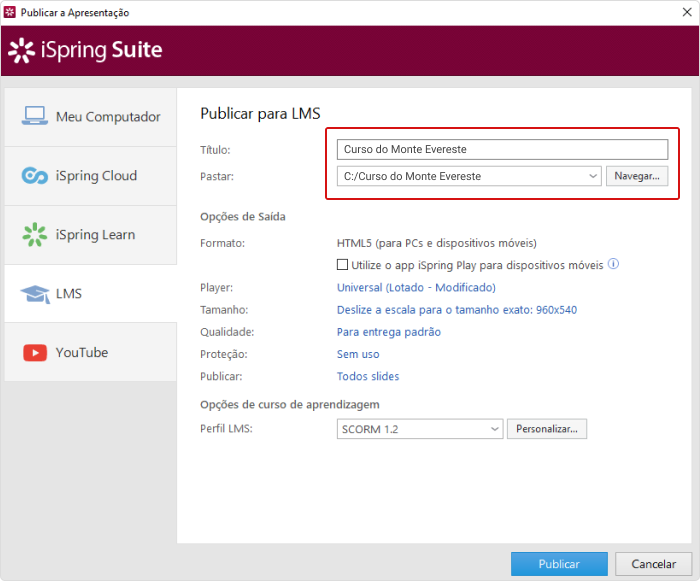 Configurações de saída no iSpring Suite Configurações de saída para cursos SCORM no iSpring Suite