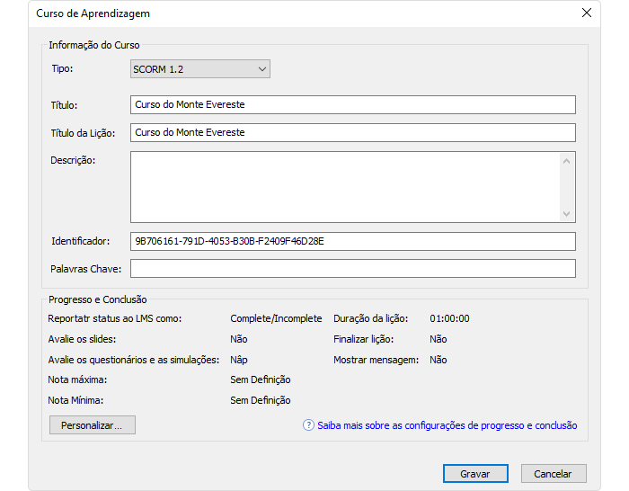 Personalize seu curso eletrônico Personalize as configurações do seu curso SCORM