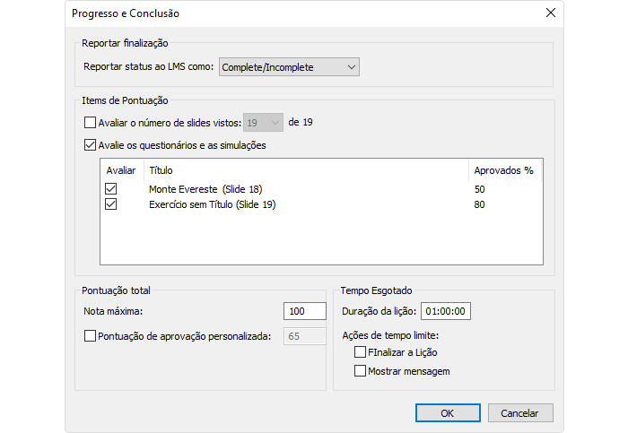 Ajustar as configurações de progresso e conclusão Ajuste as configurações de progresso e conclusão para o seu curso SCORM