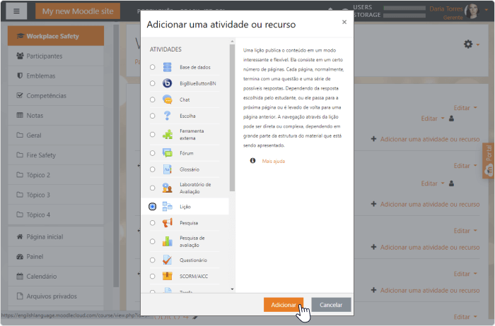 Como adicionar uma lição no Moodle