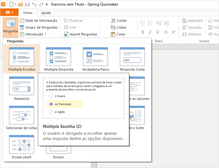 O interface do iSpring Quizmaker permite-lhe pré-visualizar qualquer tipo de questão