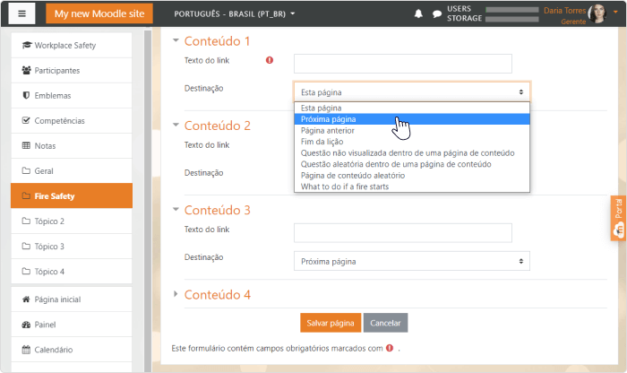 Adicionando mais páginas de conteúdo para uma lição Moodle