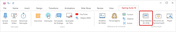 Propriedades do Slide no iSpring Suite