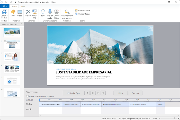 Painel de Narração de Gravar Video no iSpring Suite