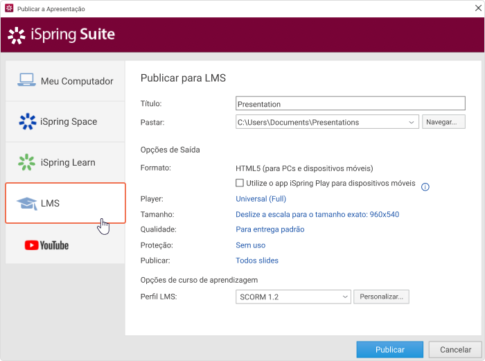 Personalize as configurações de saída para o seu arquivo SCORM