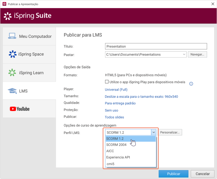 No iSpring Suite, você pode converter seu curso para o formato SCORM 1.2 ou SCORM 2004