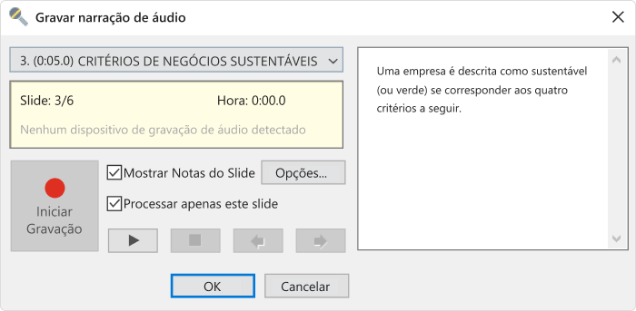 Janela Gravar Narração de Áudio Janela Gravar Narração de Áudio no iSpring Presenter