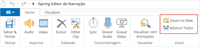 Botões de Zoom na barra de ferramentas do editor Botões de Zoom na barra de ferramentas do editor