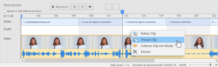Opção de alterar Clipe na linha do tempo do editor Opção de alterar Clipe na linha do tempo do editor