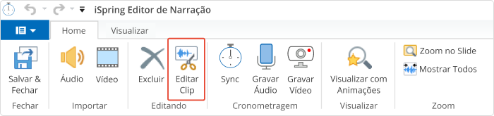 Botão Editar Clipe na barra de ferramentas do Editor de Vídeo Botão Editar Clipe na barra de ferramentas do Editor de Vídeo