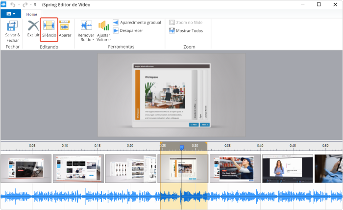 Botão Silêncioso na barra de ferramentas do Editor de Vídeo Botão Silêncioso na barra de ferramentas do Editor de Vídeo