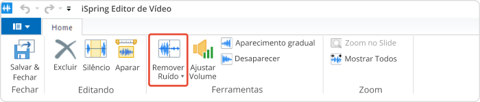 Botão Remover Ruído na barra de ferramentas do Editor de Vídeo Botão Remover Ruído na barra de ferramentas do Editor de Vídeo