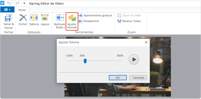 Botão Ajustar Volume na barra de ferramentas do Editor de Vídeo Botão Ajustar Volume na barra de ferramentas do Editor de Vídeo
