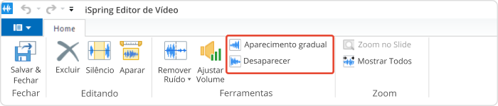 Botões de Aparecimento Gradual e Desaparecimento na barra de ferramentas do Editor de Vídeo Botões de Aparecimento Gradual e Desaparecimento na barra de ferramentas do Editor de Vídeo