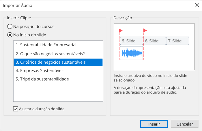 Janela de importação de Áudio Janela de importação de Áudio no iSpring Presenter