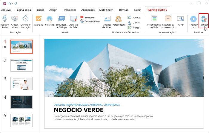 Botão de publicação no iSpring Suite