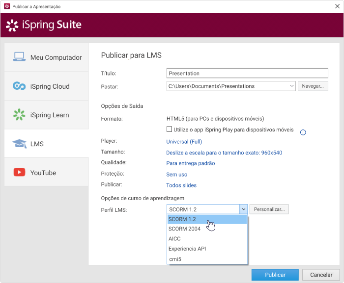 Opções de publicação do iSpring Suite