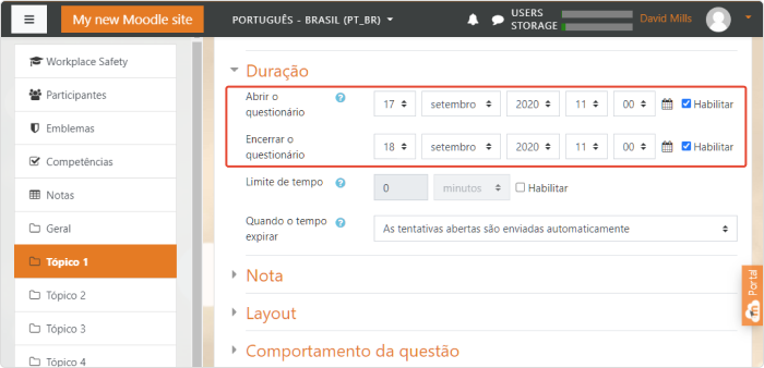 Definir período de avaliação nas configurações de Tempo