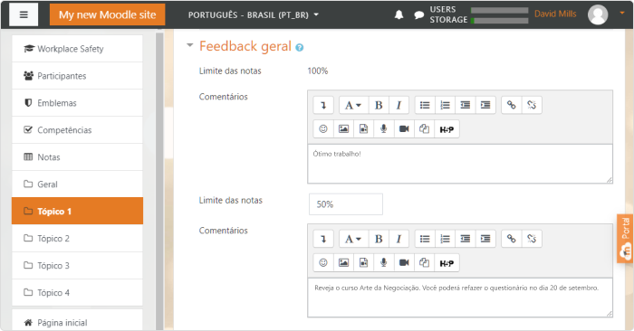 Forneça aos alunos uma mensagem de feedback personalizada