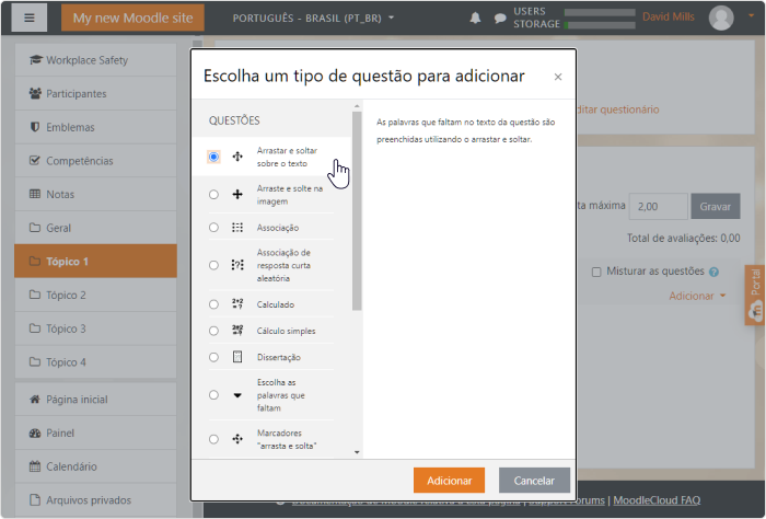 Tipos de pergunta no Moodle Cloud