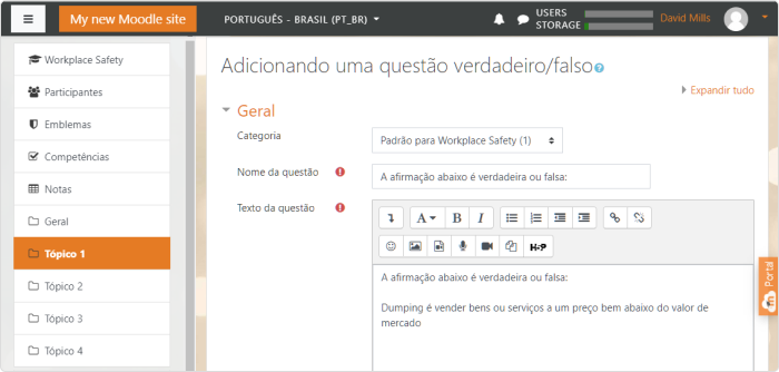 Adicionando uma pergunta Verdadeira/Falso no Moodle