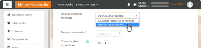 Defina quantas respostas são permitidas em uma questão de múltipla escolha no Moodle