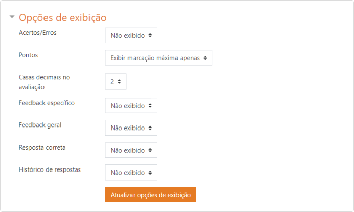 Opções de exibição do questionário moodle