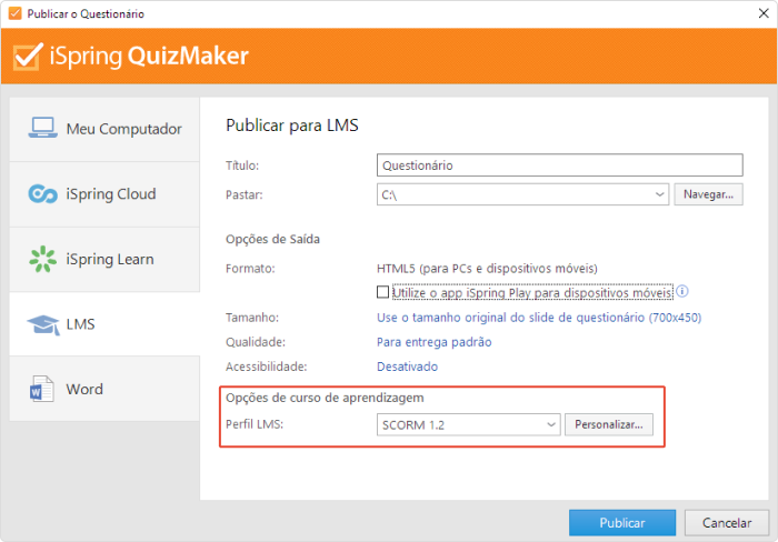 iSpring Quizmaker permite que você publique testes para um EaD como o Moodle.