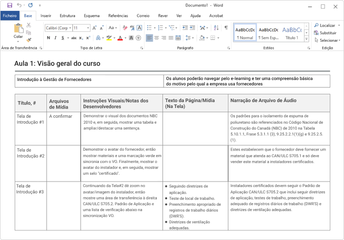 Storyboard de e-learning no Word Exemplo de storyboard de e-learning no Word