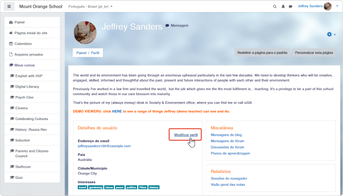 Editando o perfil do professor no Moodle