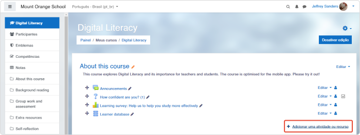 Adicionando uma atividade ou recurso no Moodle