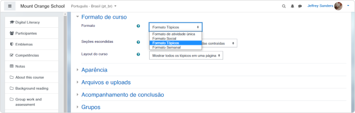 Escolhendo o formato do curso a partir de uma lista drop-down