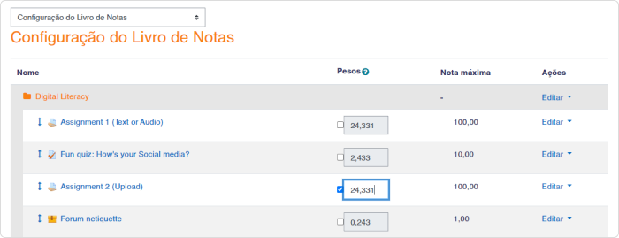 Pesos de categoria do diário de classe configurados no Moodle