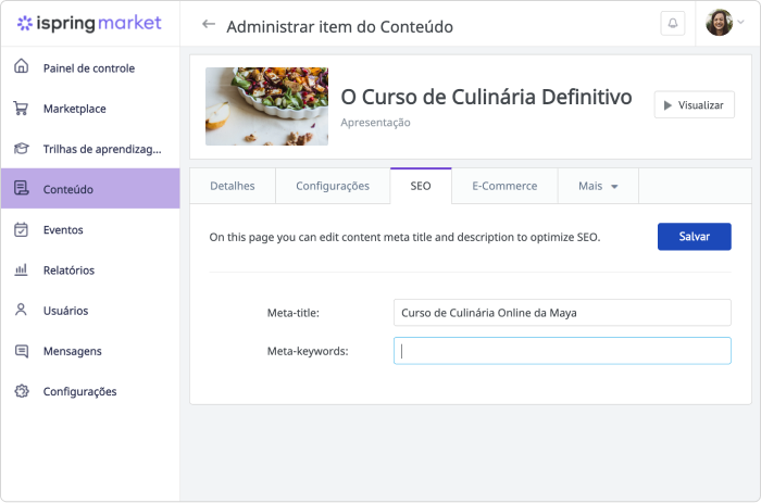 Configurações de SEO no marketplace do iSpring