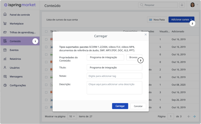 Adicionar cursos Adicionar cursos no iSpring Market
