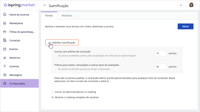 Opções de gamificação no iSpring Market