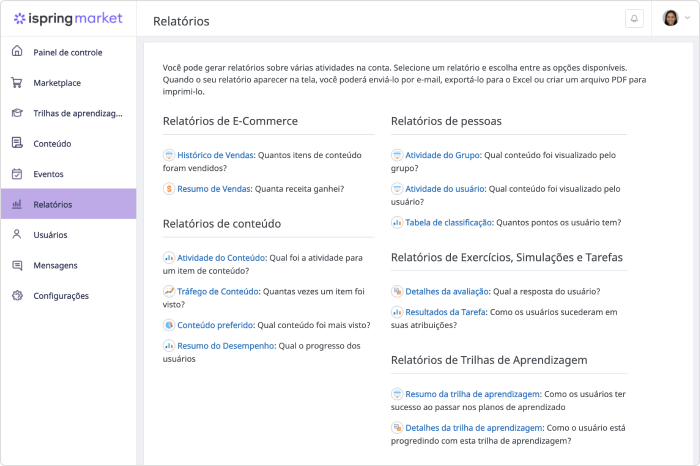 Relatórios no iSpring Market