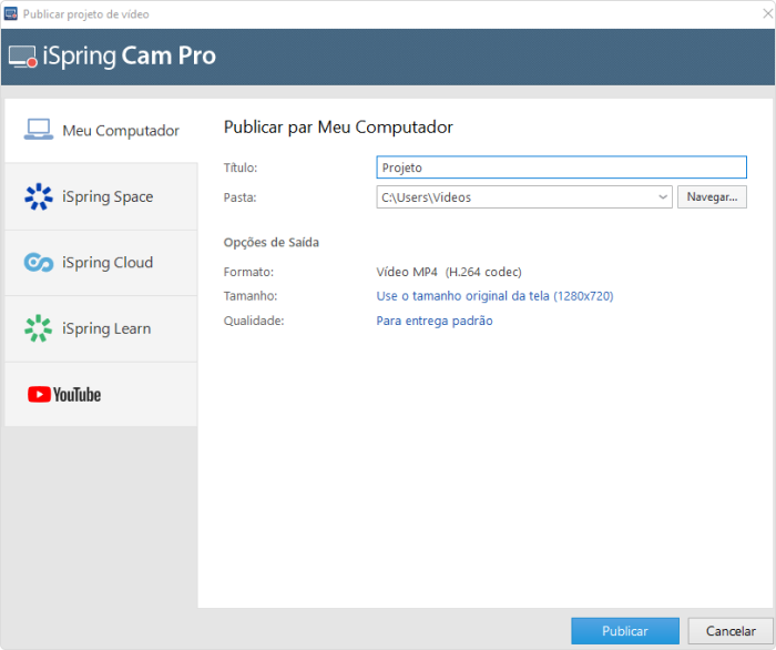 Publicando um projeto de vídeo com o iSpring