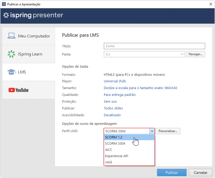 Opções de publicação do iSpring Presenter Opções de publicação do iSpring Presenter