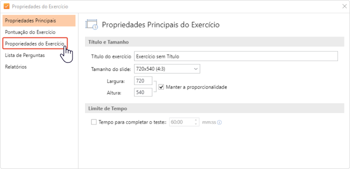 Propriedades do Exercício Propriedades do Exercício no iSpring Presenter