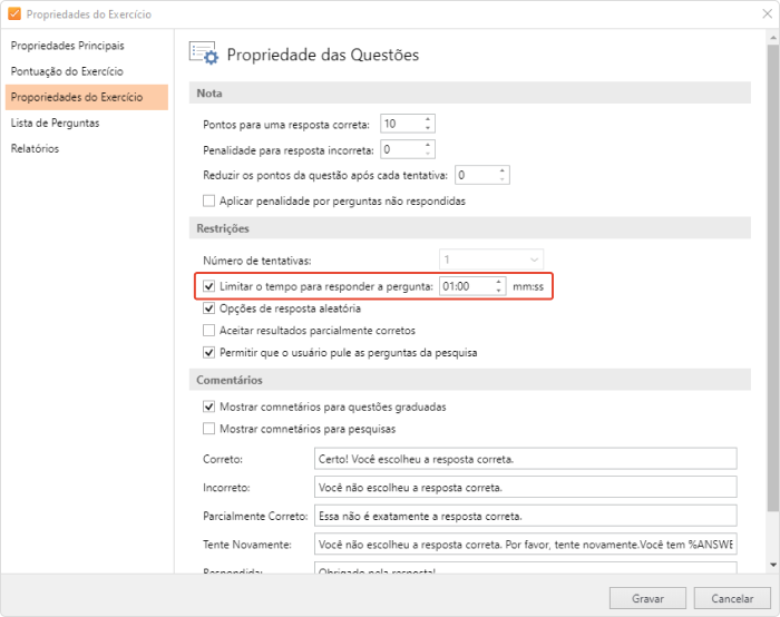Limitar o tempo para responder à pergunta Limitar o tempo para responder à pergunta