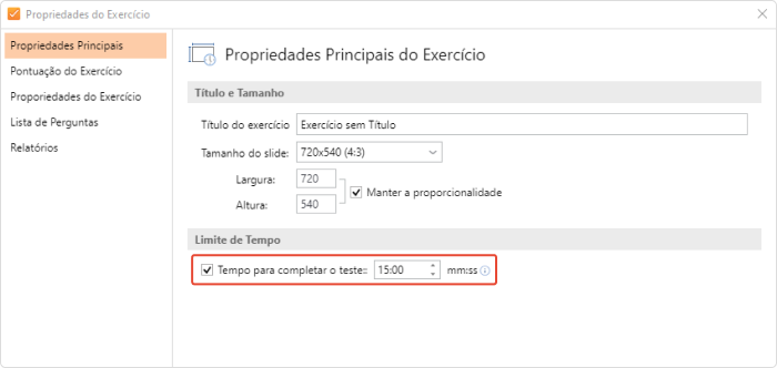 Tempo para completar o teste limitar o tempo para completar o teste