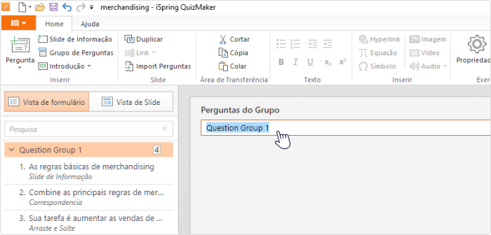 Configurando grupos de perguntas no iSpring Presenter