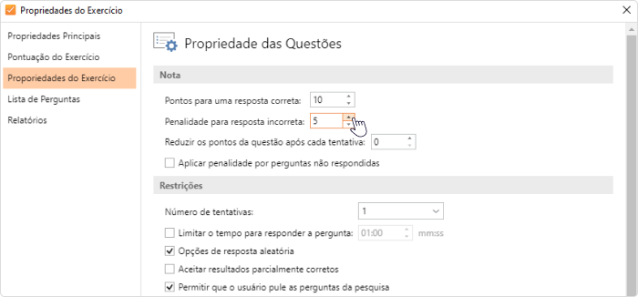 Propriedades da pergunta do iSpring Presenter