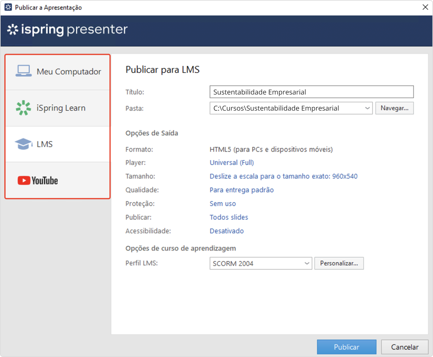 Opções de publicação do iSpring Presenter