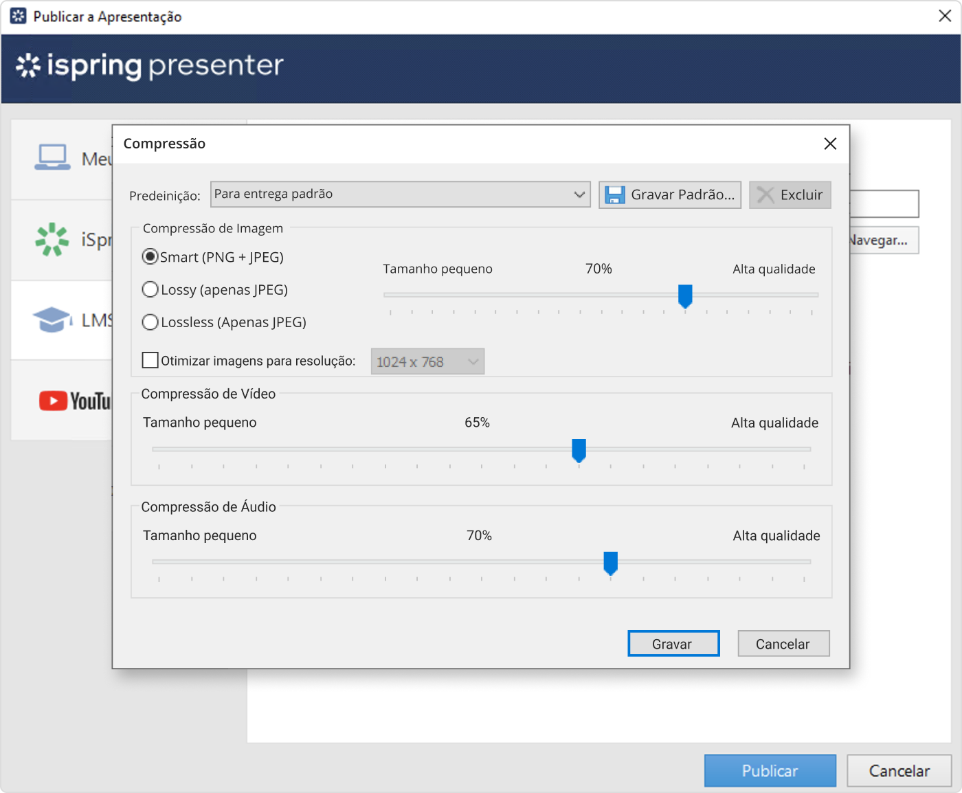 Ajustando qualidade de imagem e vídeo no iSpring Presenter