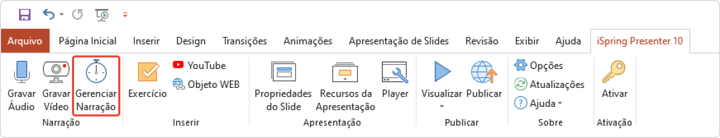 Barra de ferramentas iSpring Presenter Barra de ferramentas iSpring Presenter