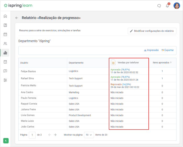 Realização de progresso no iSpring Learn LMS