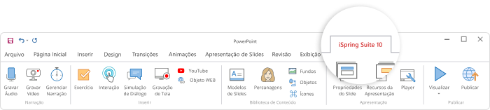 iSpring Suite na barra de ferramentas do PowerPoint