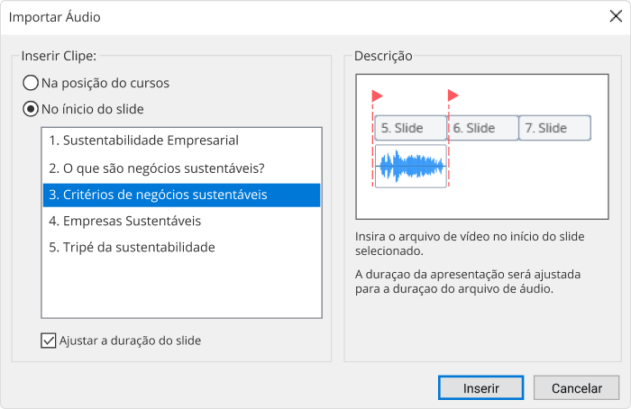 Janela de importação de Vídeo